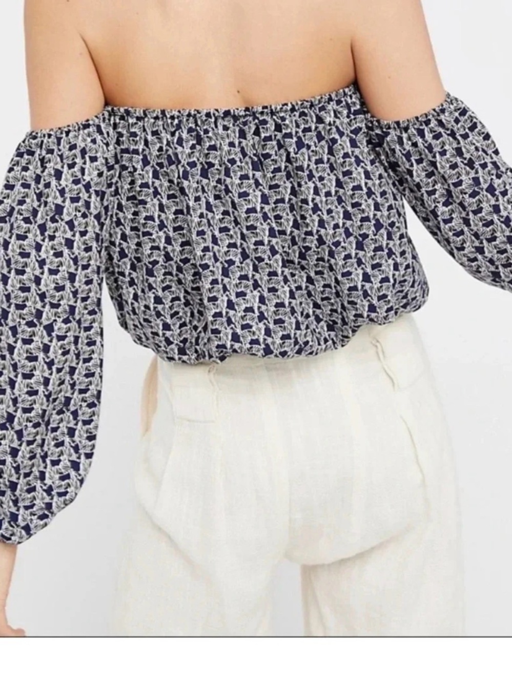 Free People Navy Printed Off-Shoulder Blouse